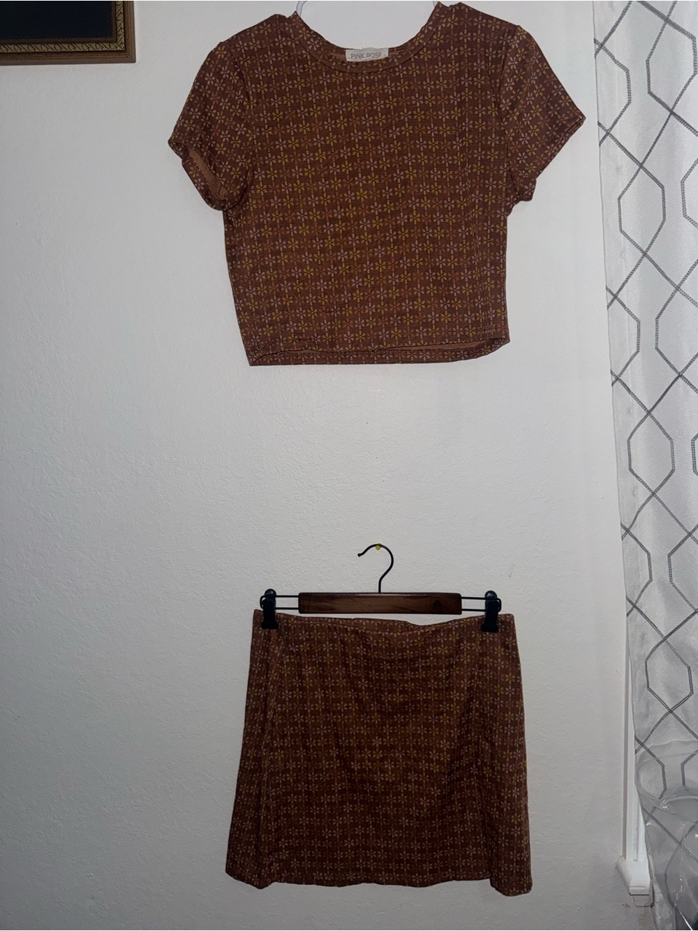 Pink Rose Brown Patterned Two-Piece Skirt Set